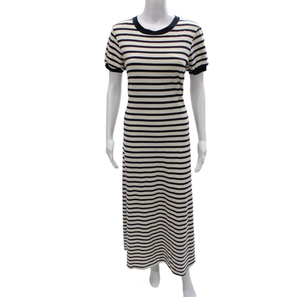 Gallabia Women Kaftan Dress Blue Striped Cotton Round Neck Short Sleeve Size S